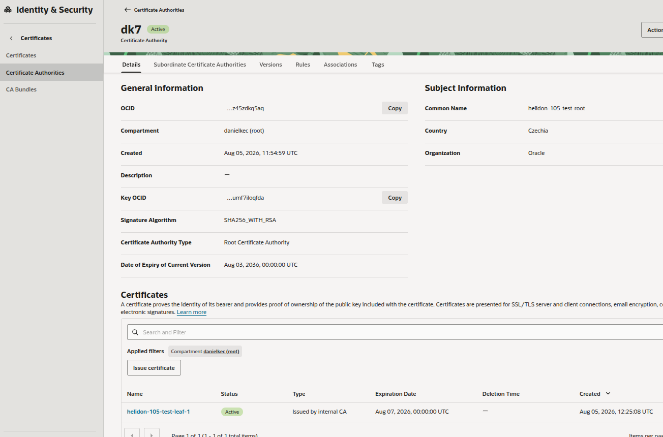 OCI Certificate Authority with an issued certificate